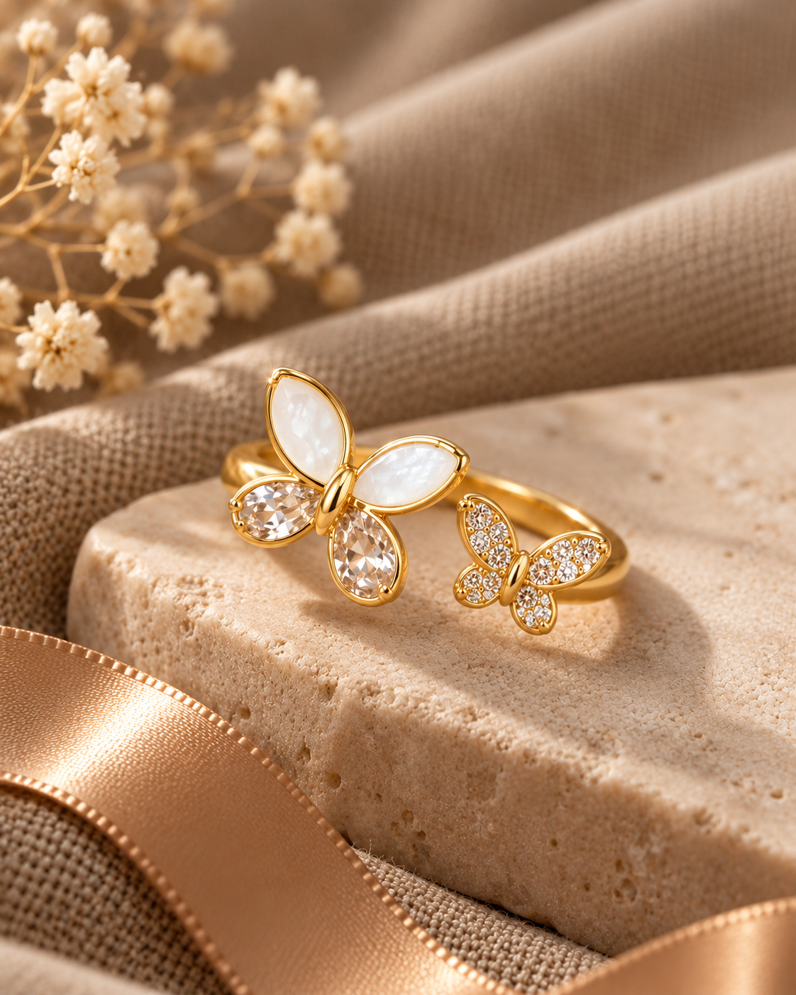 Golden Butterfly Duo Crystal Ring