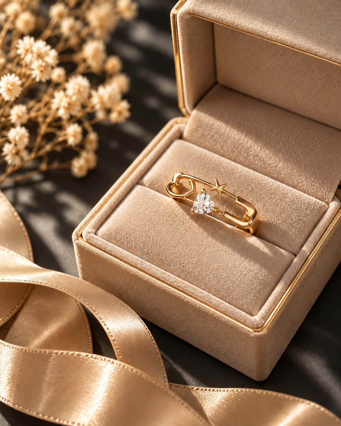 Golden Star & Crystal Heart Statement Ring