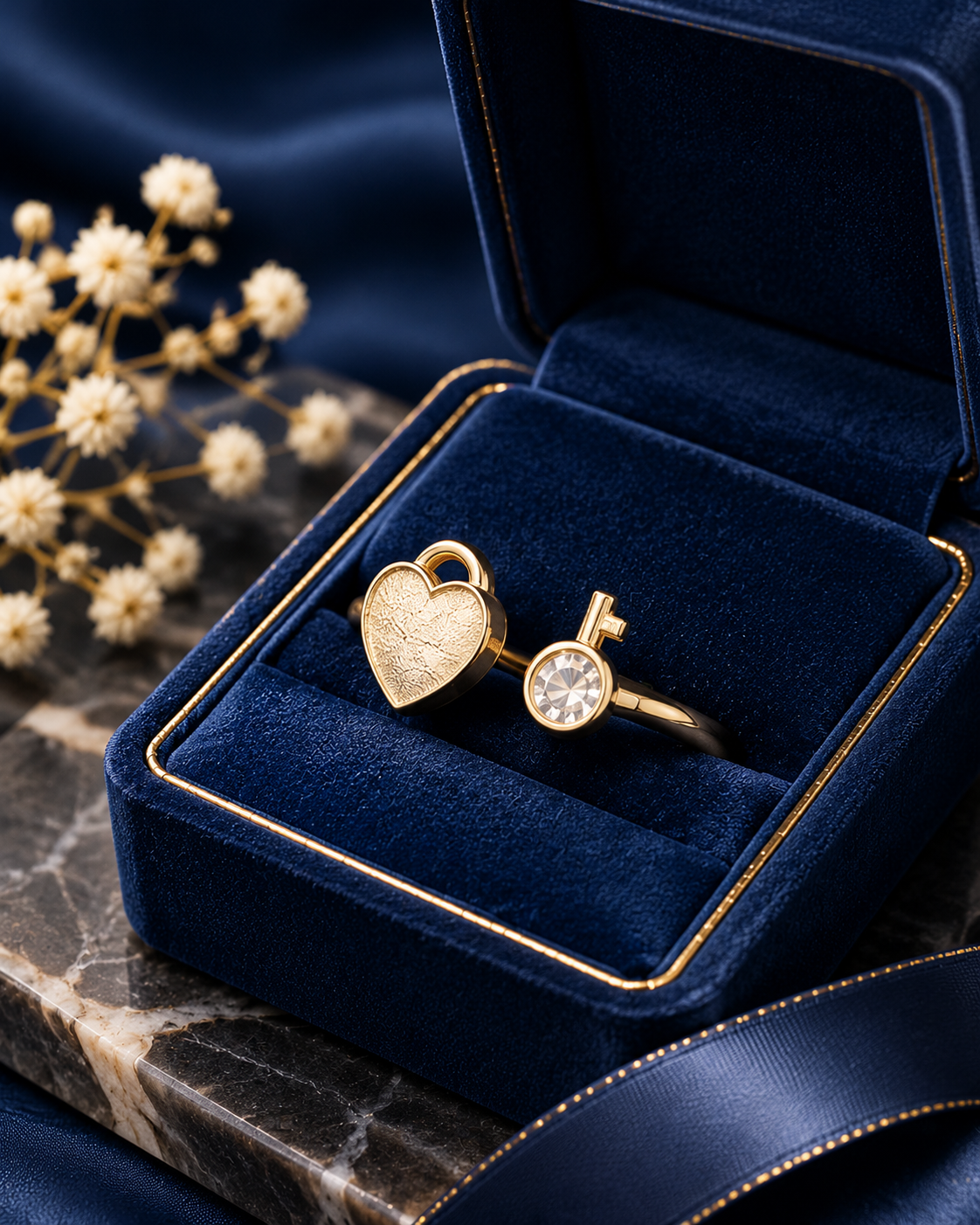 Golden Heart & Crystal Key Open Ring