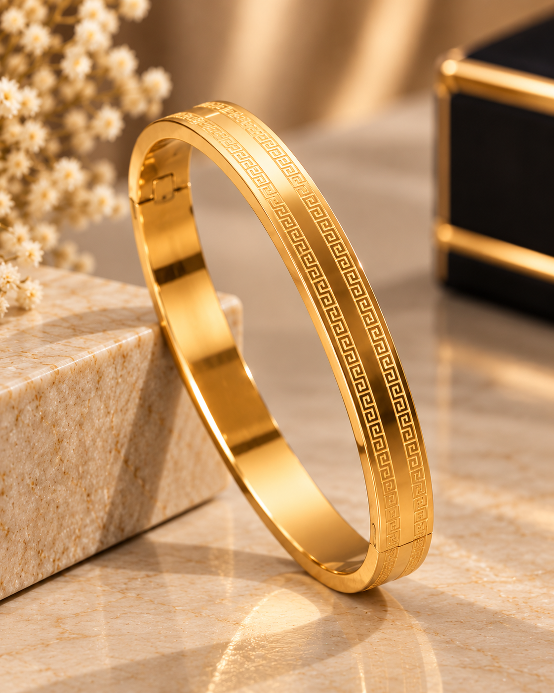 Premium Gold-Tone Greek Pattern Engraved Men's Kada