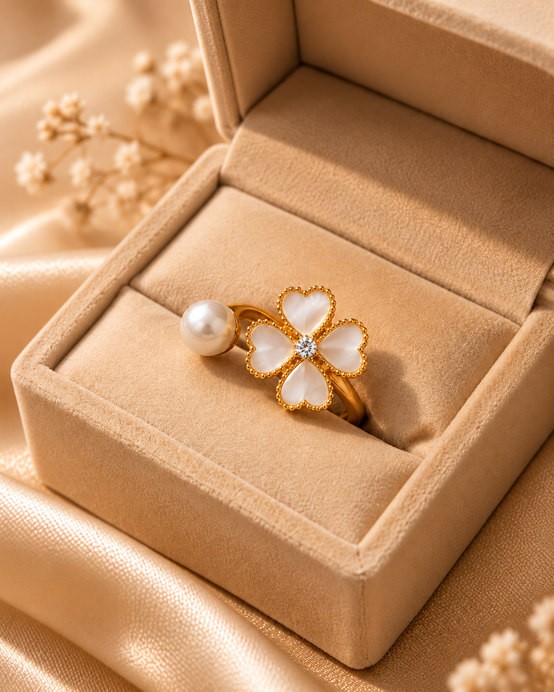 Golden Pearl & Clover Flower Ring