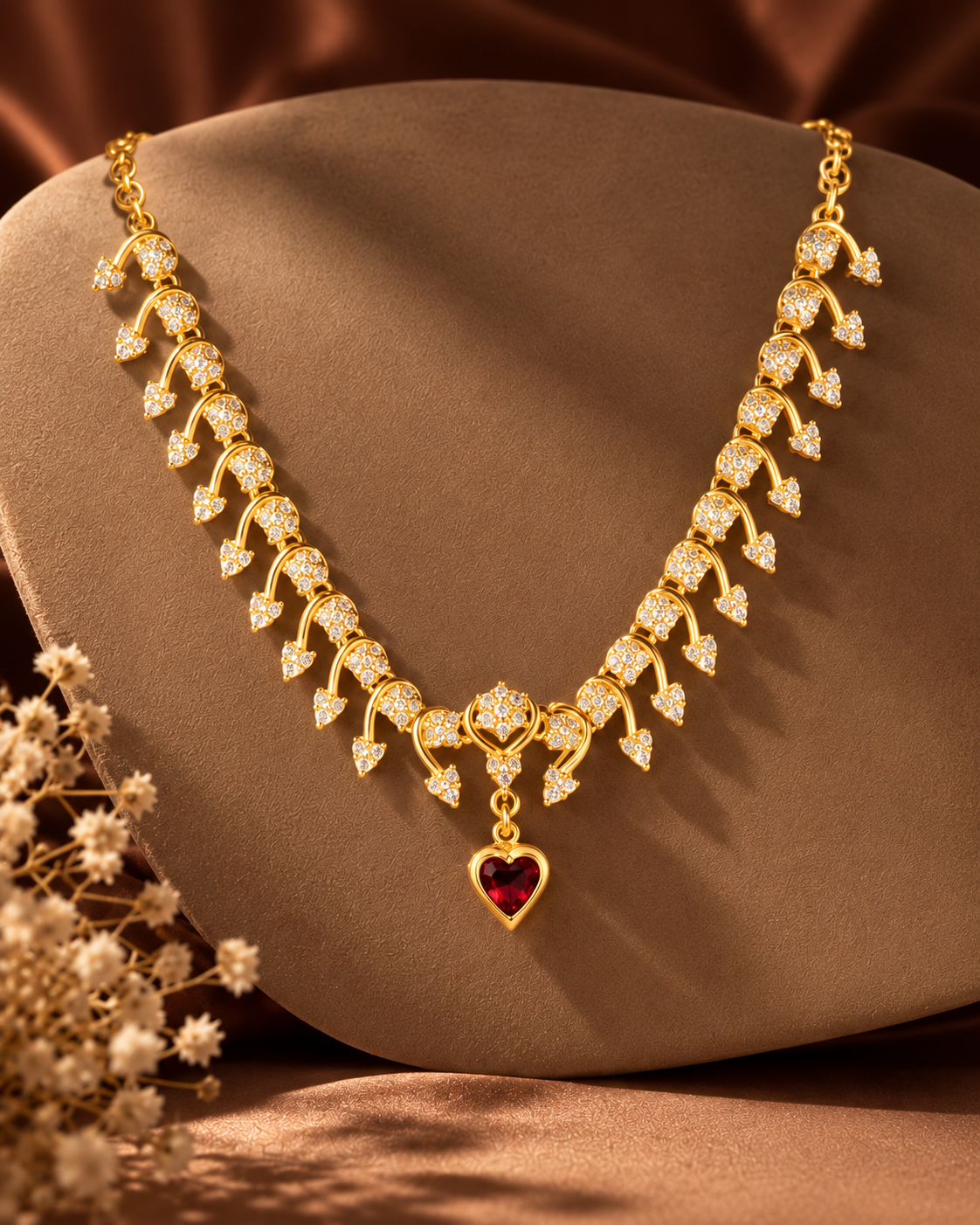 Golden Ruby Heart Charm Necklace Set