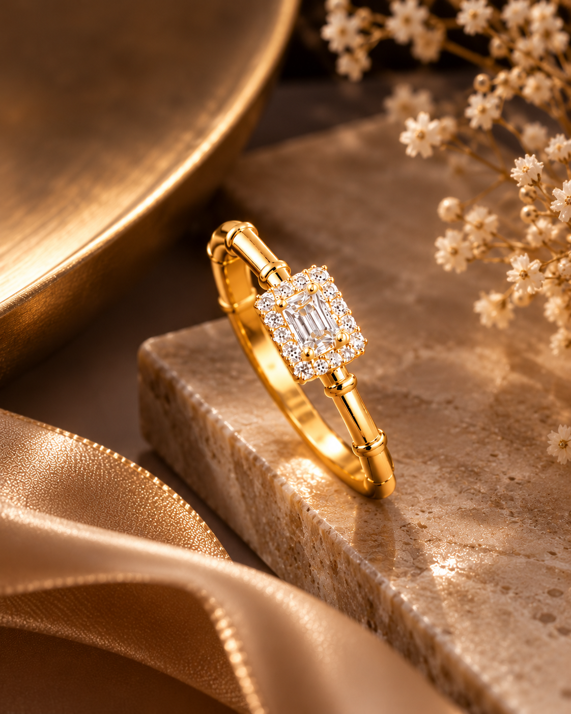 Golden Baguette Halo Solitaire Ring