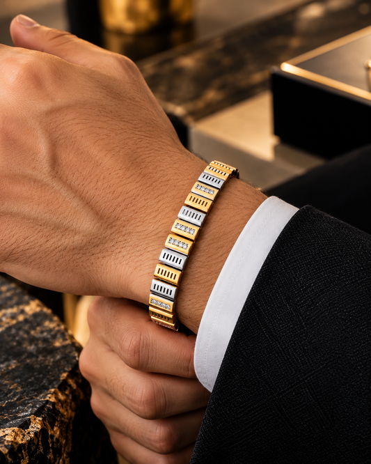 Premium Two-Tone Gold & Silver Rectangular Link Men's Bracelet