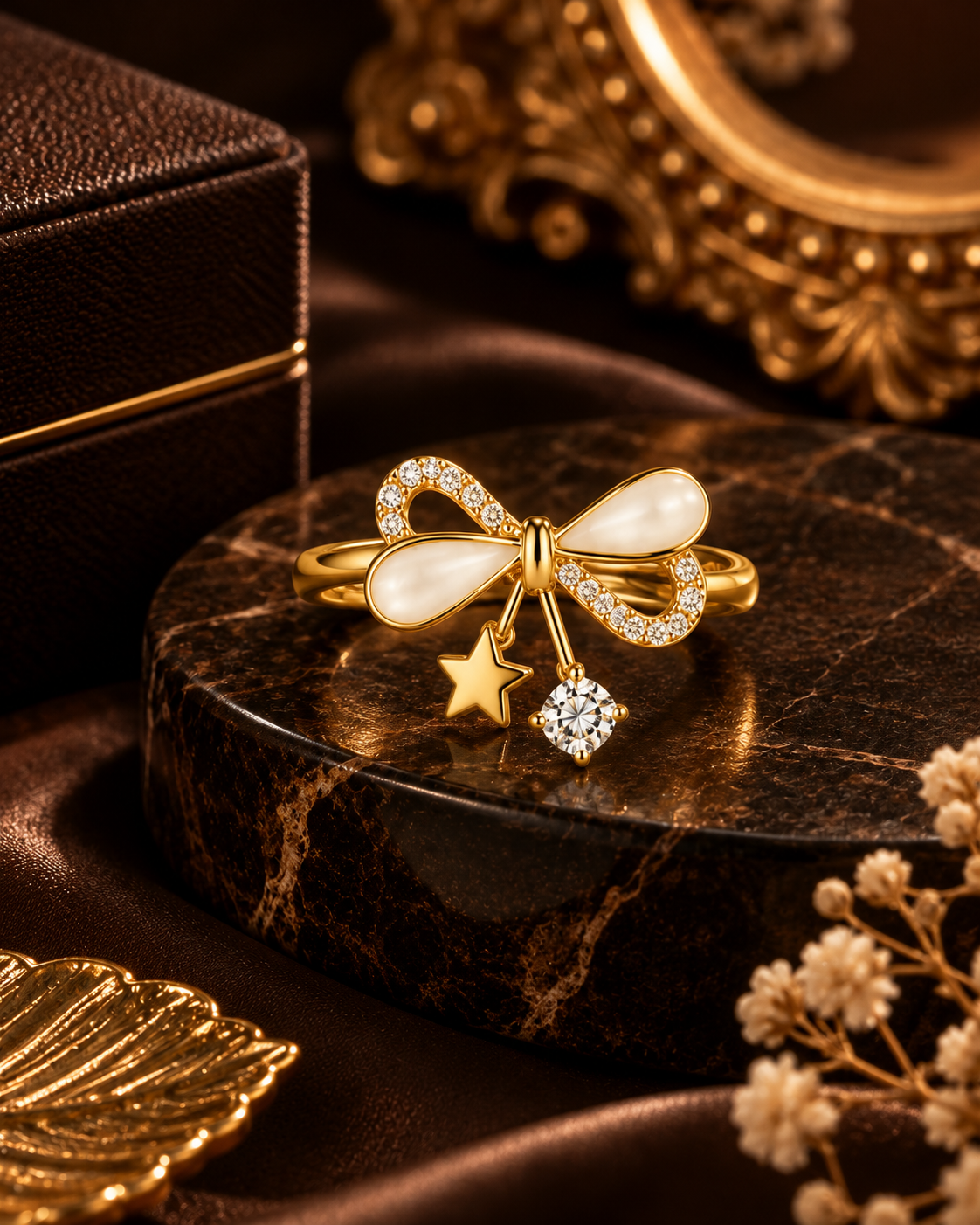 Golden Bow Charm Ring with Pearl & Crystal Accents