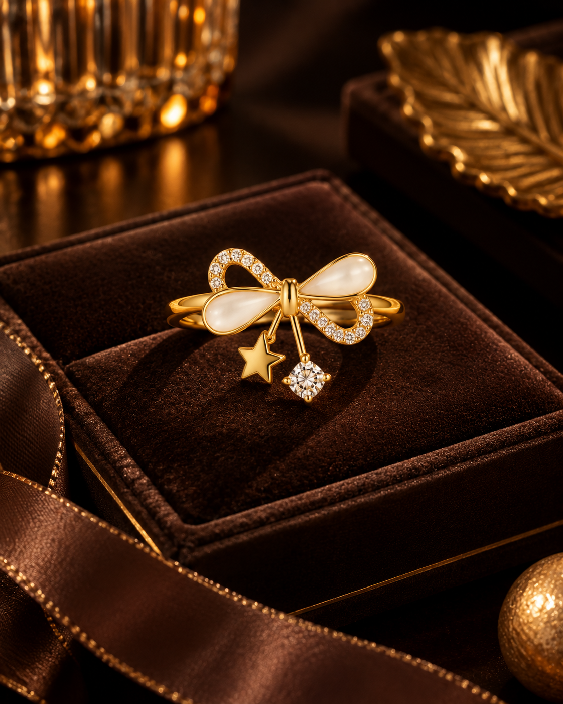 Golden Bow Charm Ring with Pearl & Crystal Accents