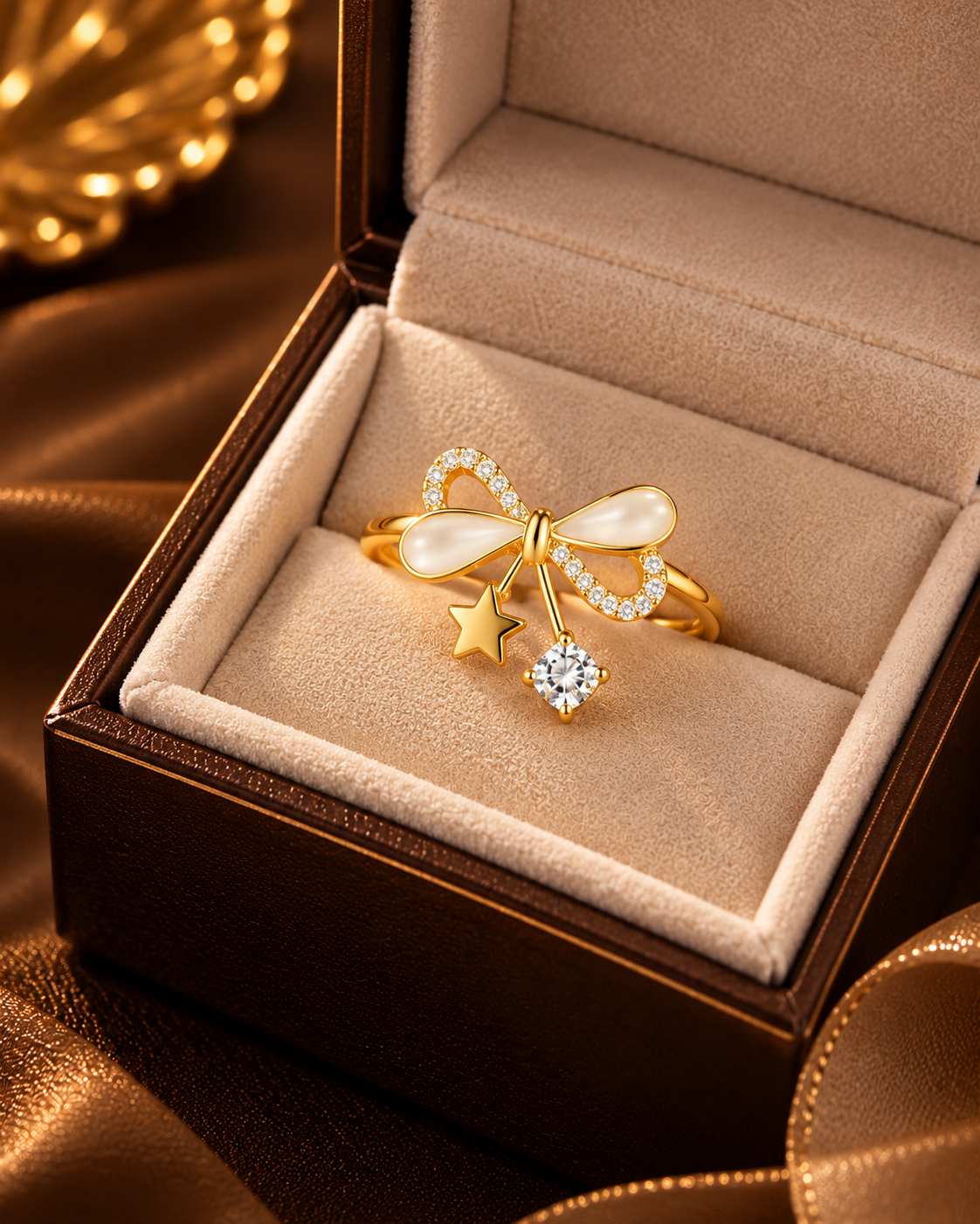 Golden Bow Charm Ring with Pearl & Crystal Accents