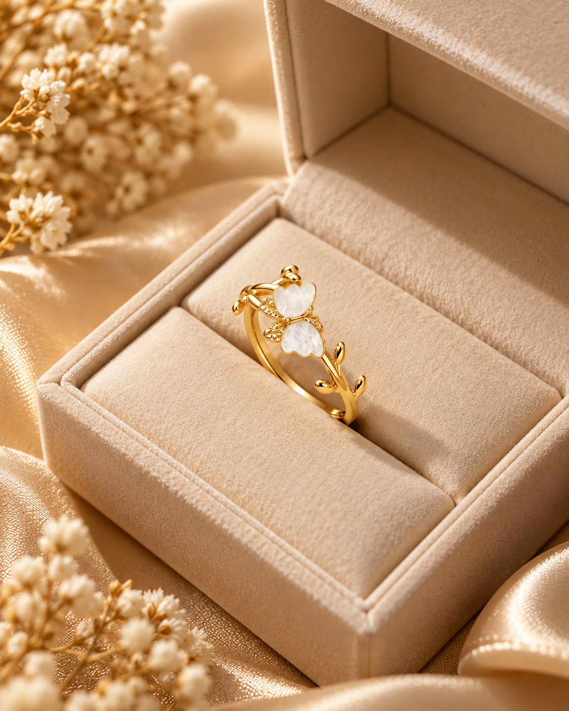Golden Butterfly Floral Ring