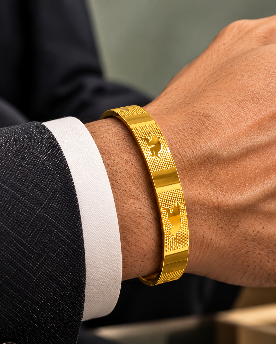 Premium Gold-Tone Running Kangaroo Engraved Men's Kada