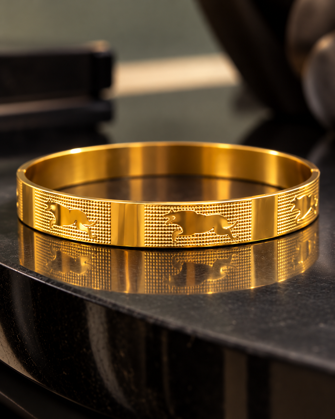 Premium Gold-Tone Running Kangaroo Engraved Men's Kada