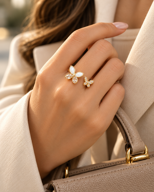 Golden Butterfly Duo Crystal Ring