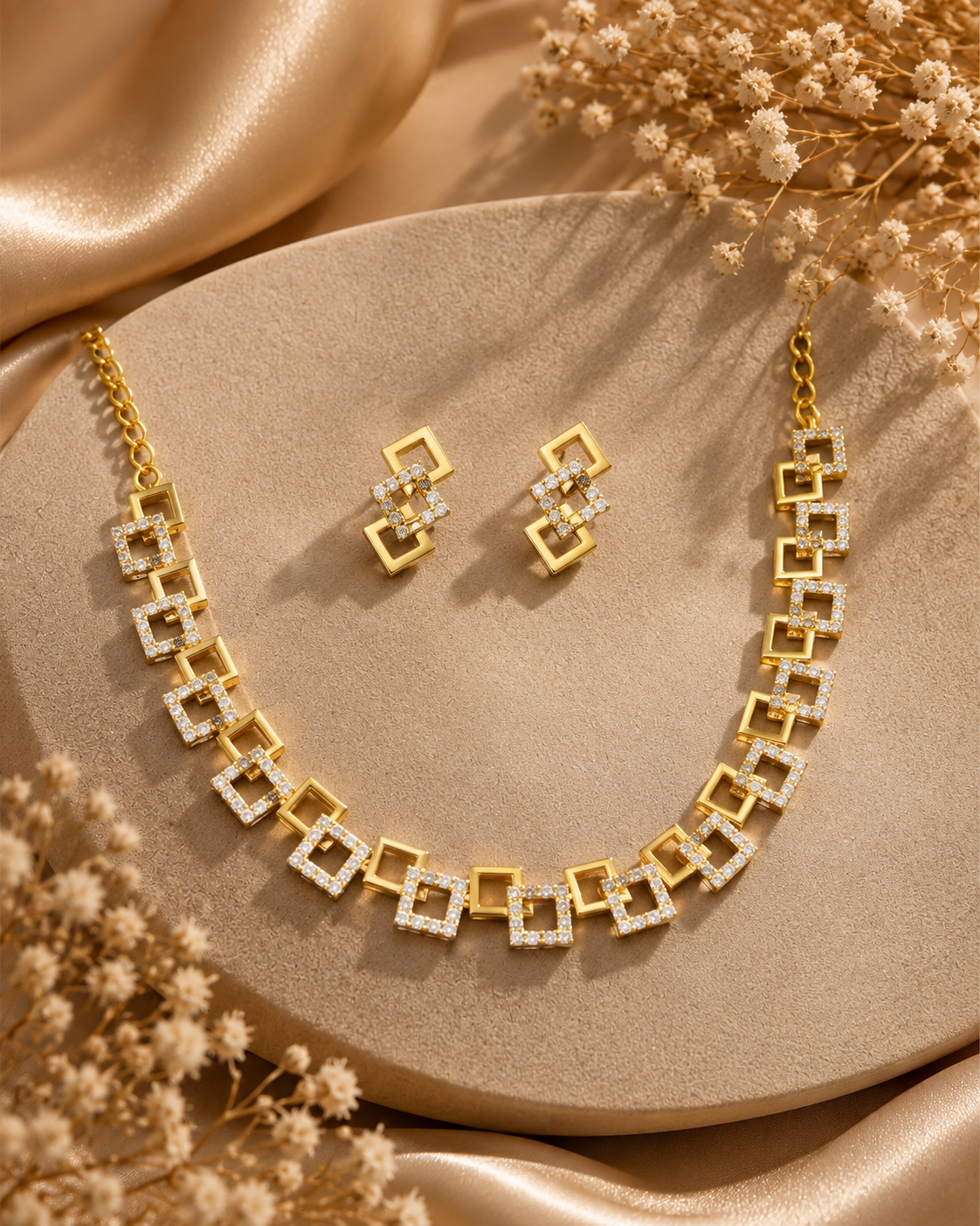 Golden Double Square Link Necklace Set