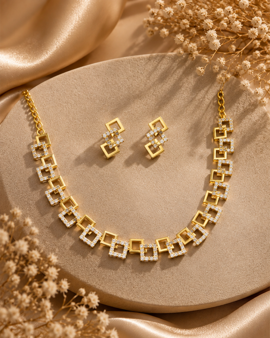 Golden Double Square Link Necklace Set