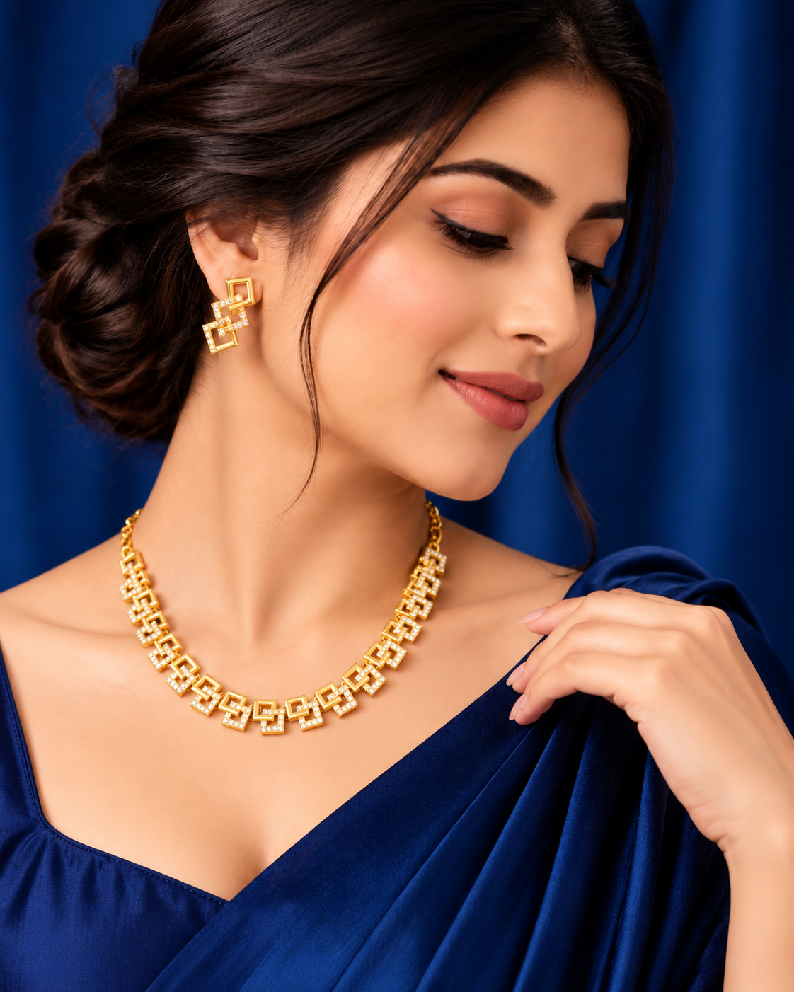Golden Double Square Link Necklace Set