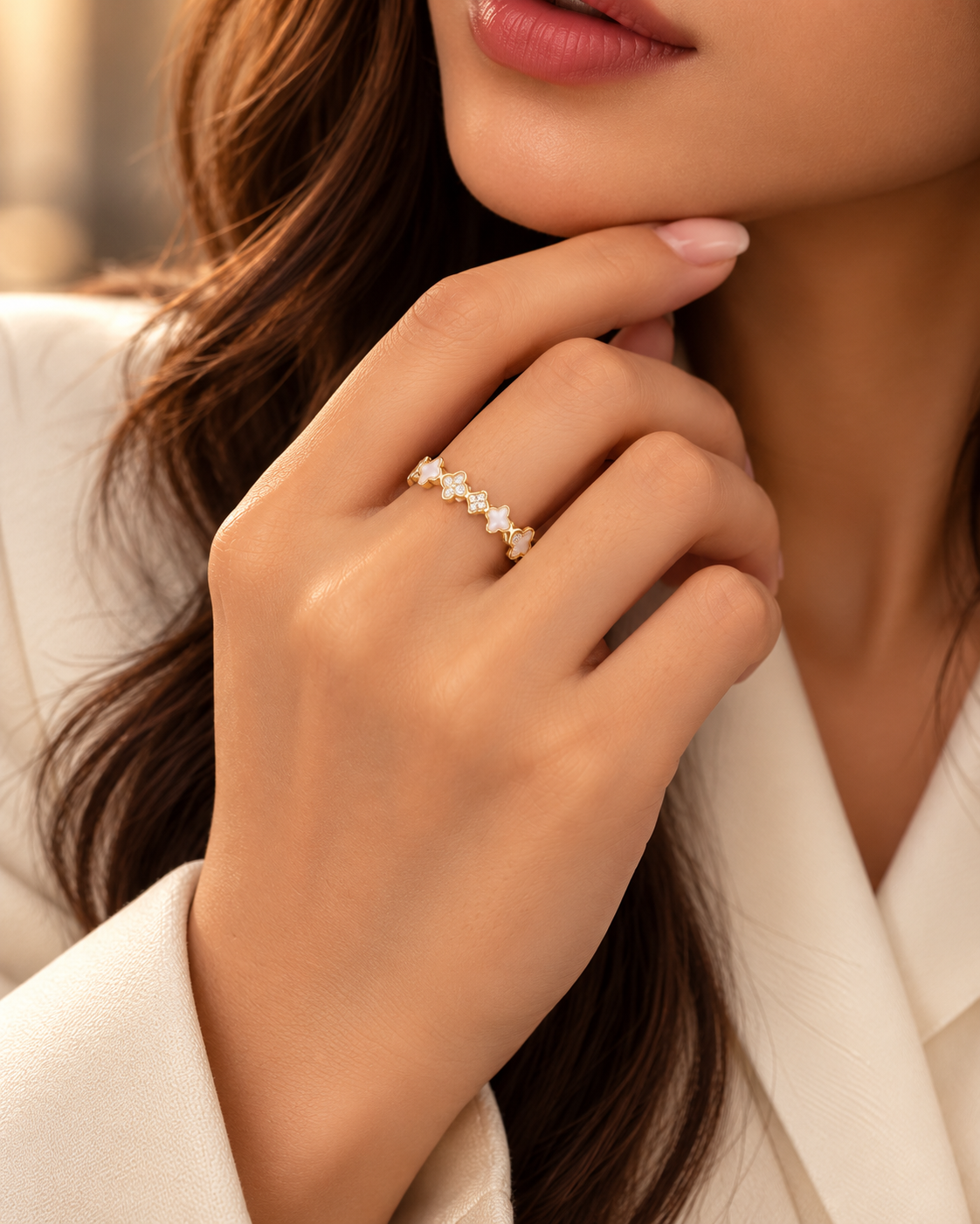 Golden Floral Charm Ring with Crystal Accents