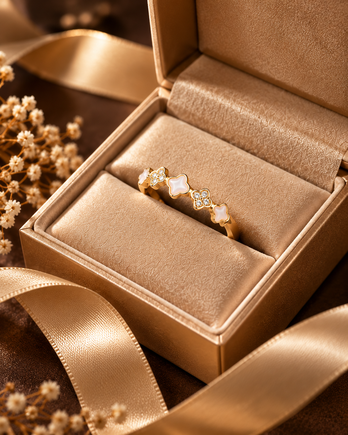 Golden Floral Charm Ring with Crystal Accents