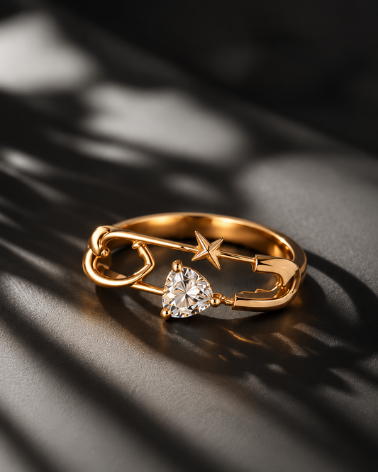 Golden Star & Crystal Heart Statement Ring
