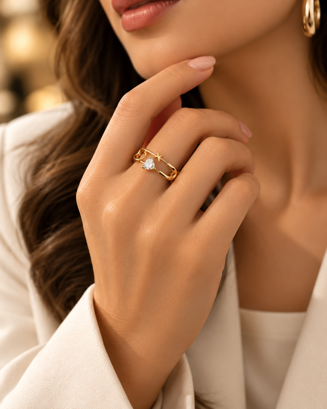 Golden Star & Crystal Heart Statement Ring
