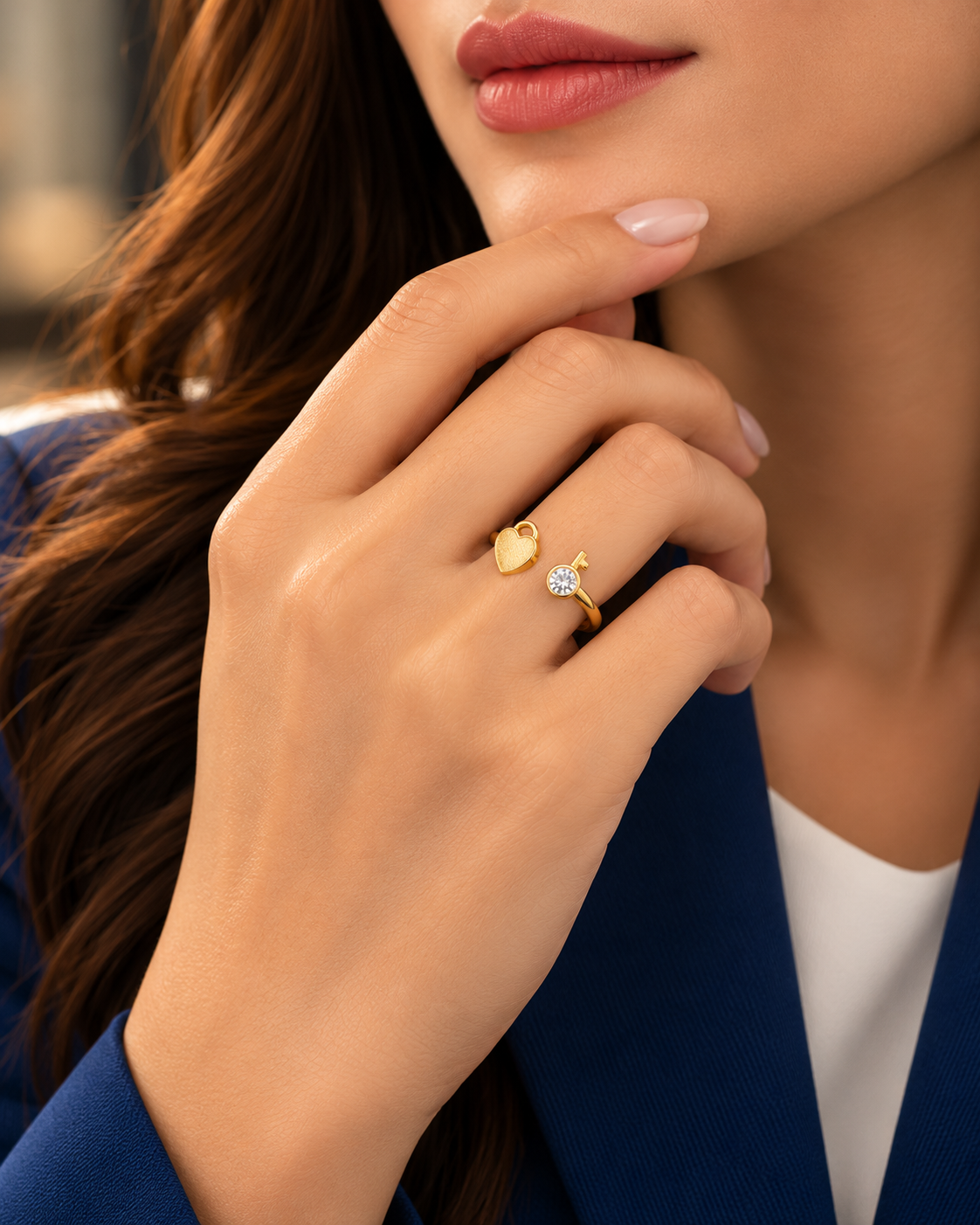 Golden Heart & Crystal Key Open Ring