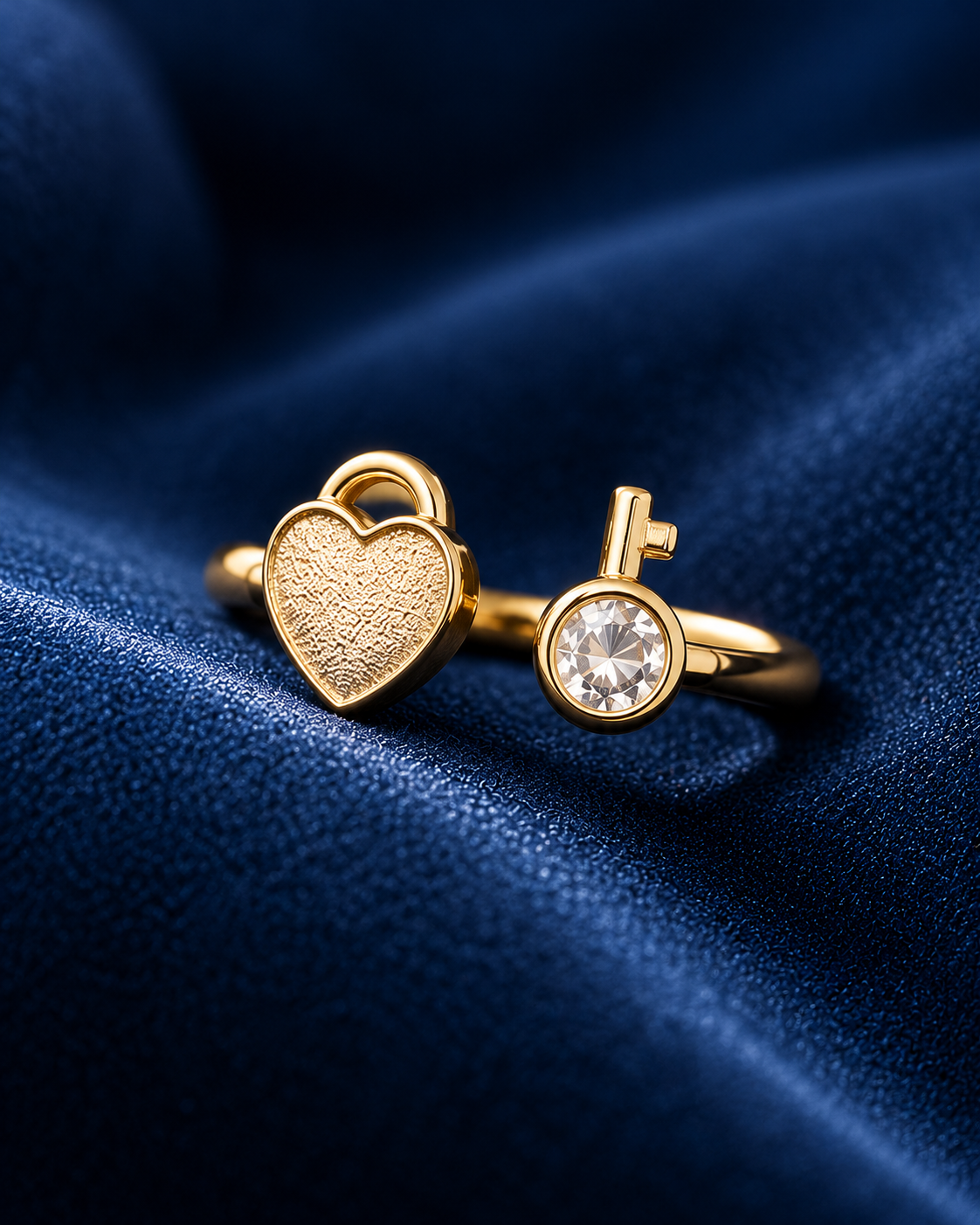 Golden Heart & Crystal Key Open Ring