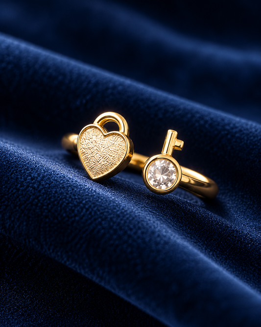 Golden Heart & Crystal Key Open Ring