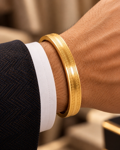 Premium Gold-Tone Greek Pattern Engraved Men's Kada
