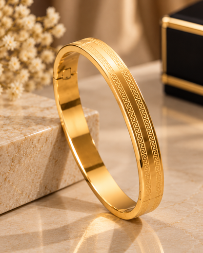 Premium Gold-Tone Greek Pattern Engraved Men's Kada