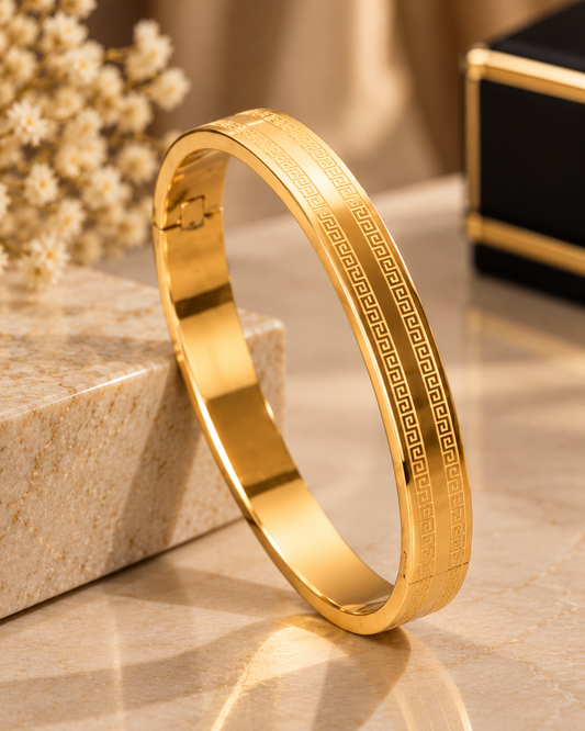Premium Gold-Tone Greek Pattern Engraved Men's Kada