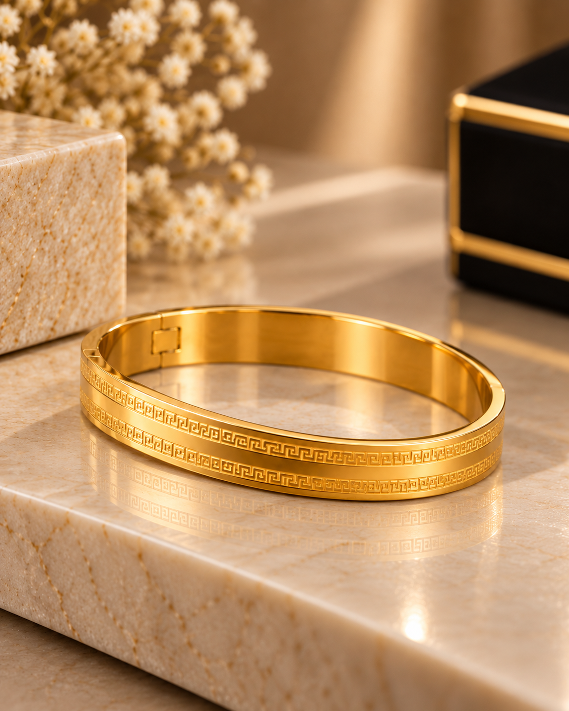 Premium Gold-Tone Greek Pattern Engraved Men's Kada