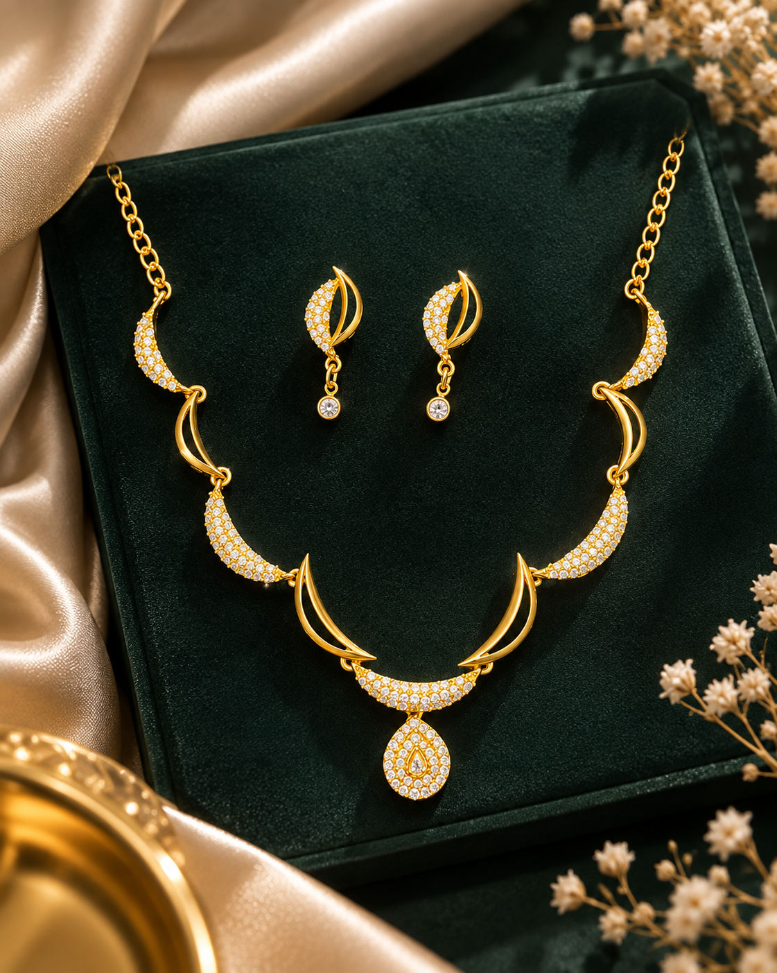 Golden Leaf Drop Necklace Set