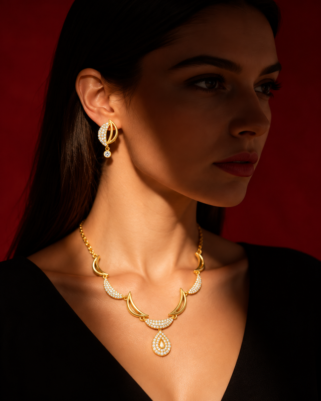 Golden Leaf Drop Necklace Set