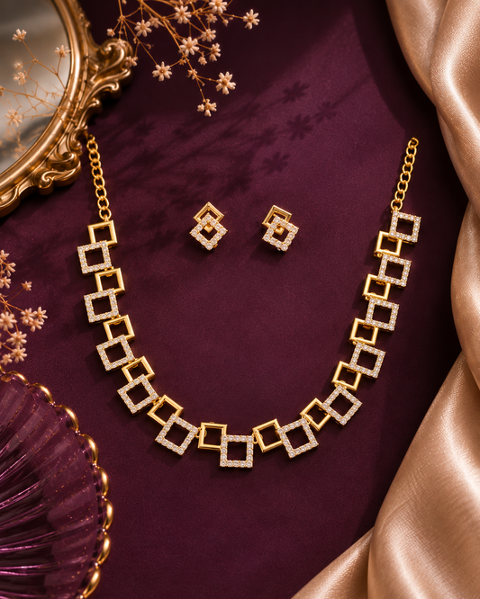 Golden Geometric Square Link Necklace Set