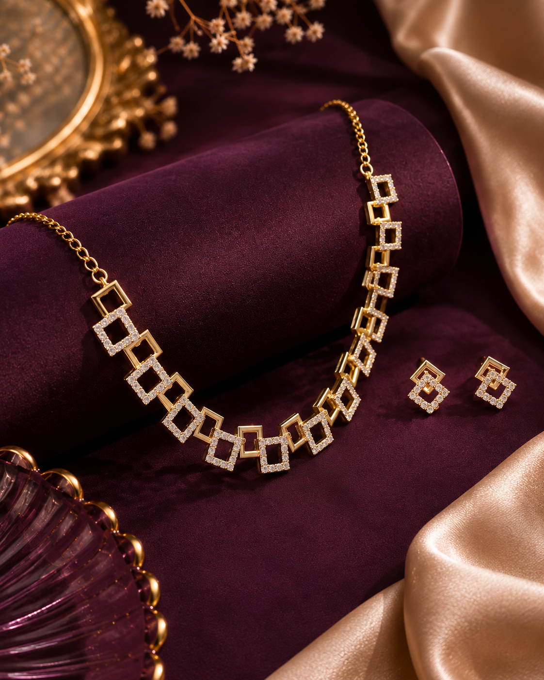 Golden Geometric Square Link Necklace Set