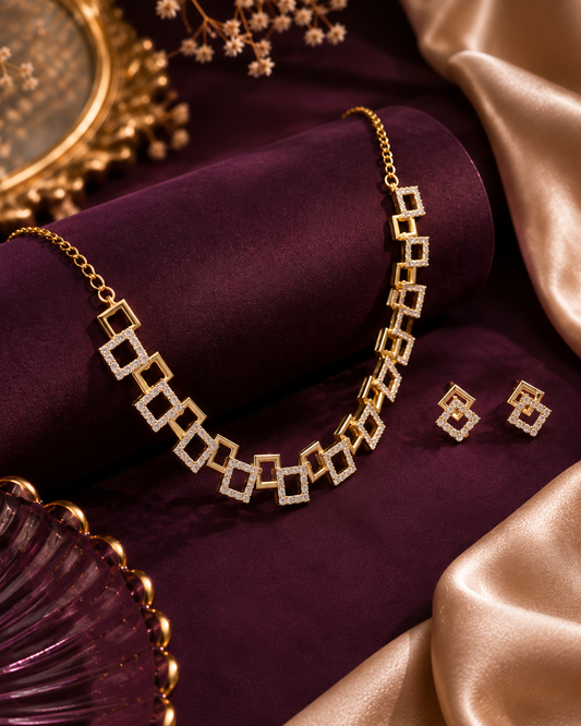 Golden Geometric Square Link Necklace Set
