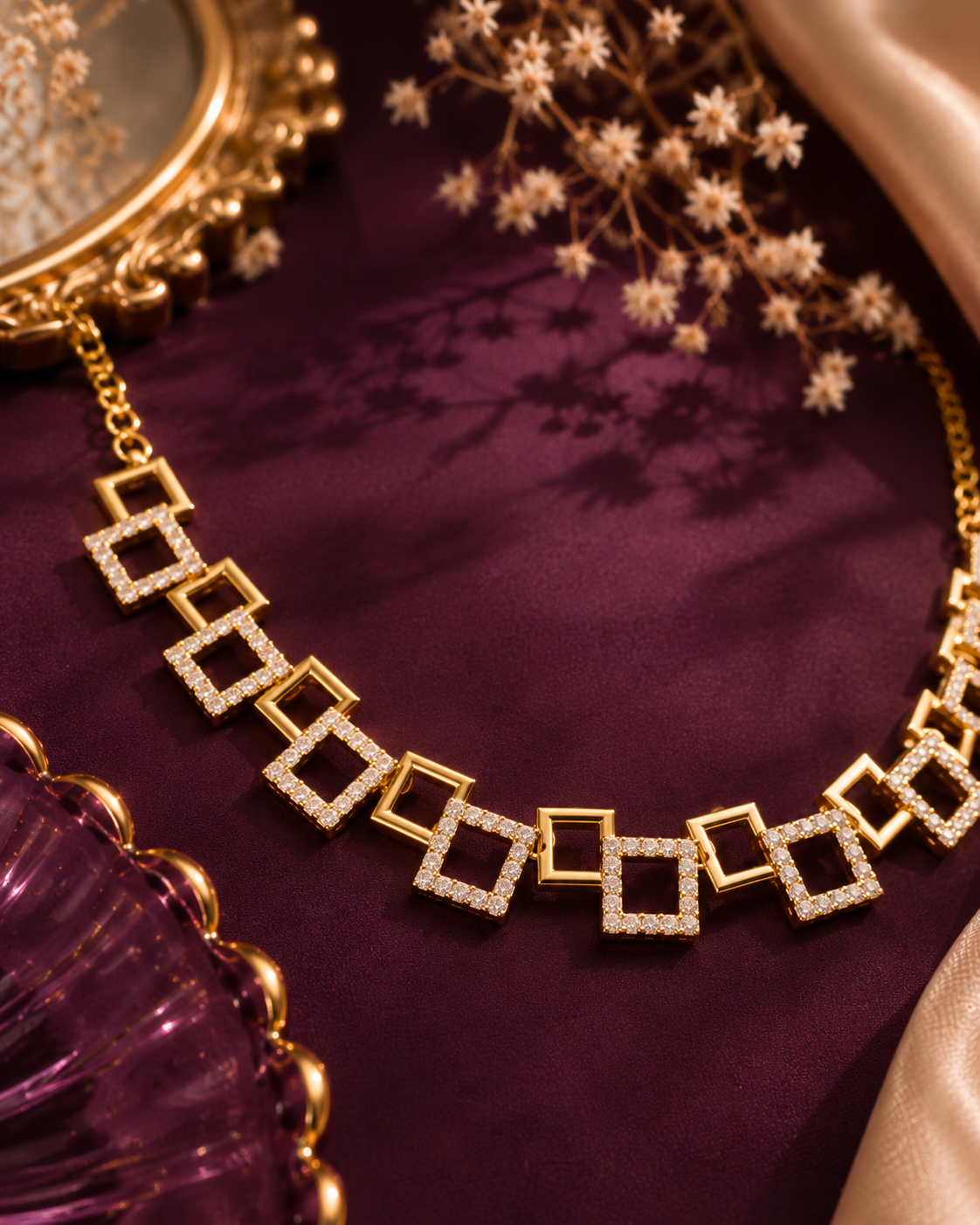 Golden Geometric Square Link Necklace Set