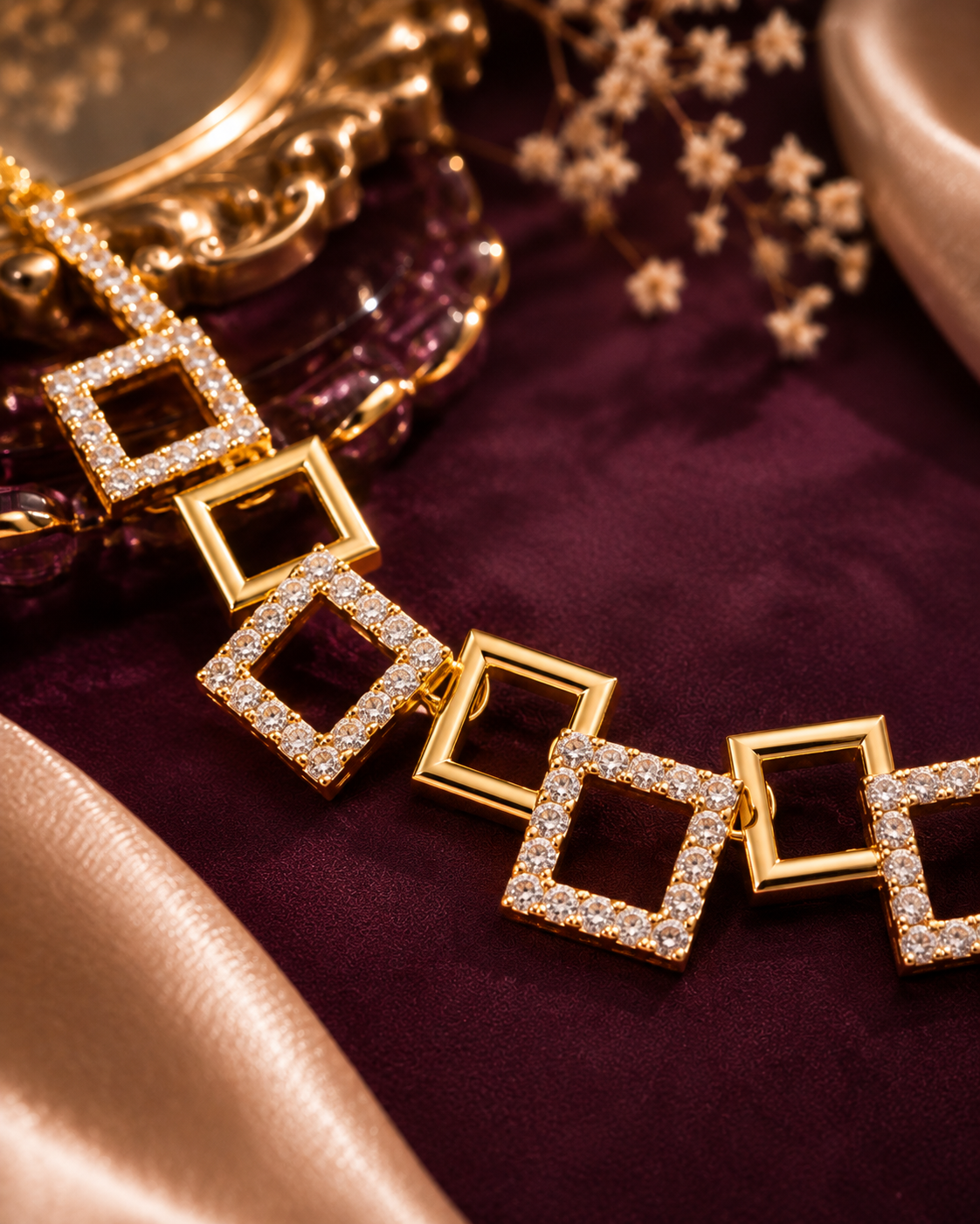 Golden Geometric Square Link Necklace Set