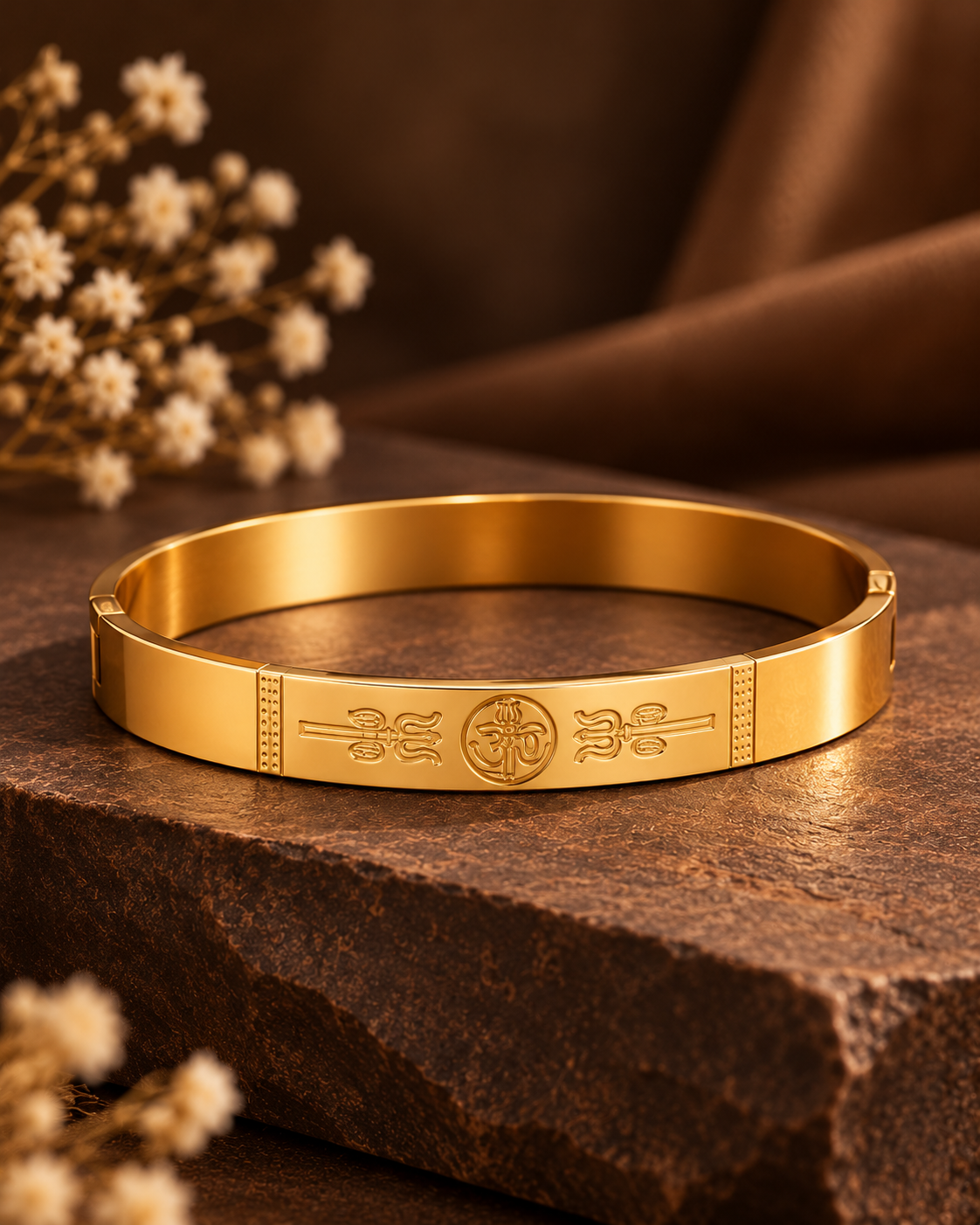 Premium Gold-Tone Om & Trishul Engraved Men's Kada