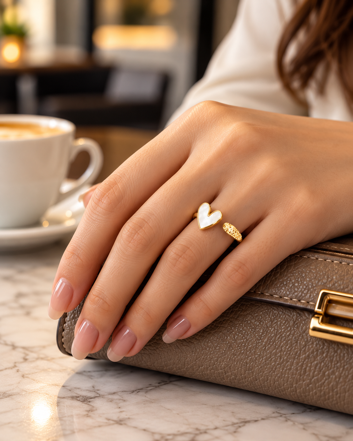 Golden Pearl Heart Open Ring