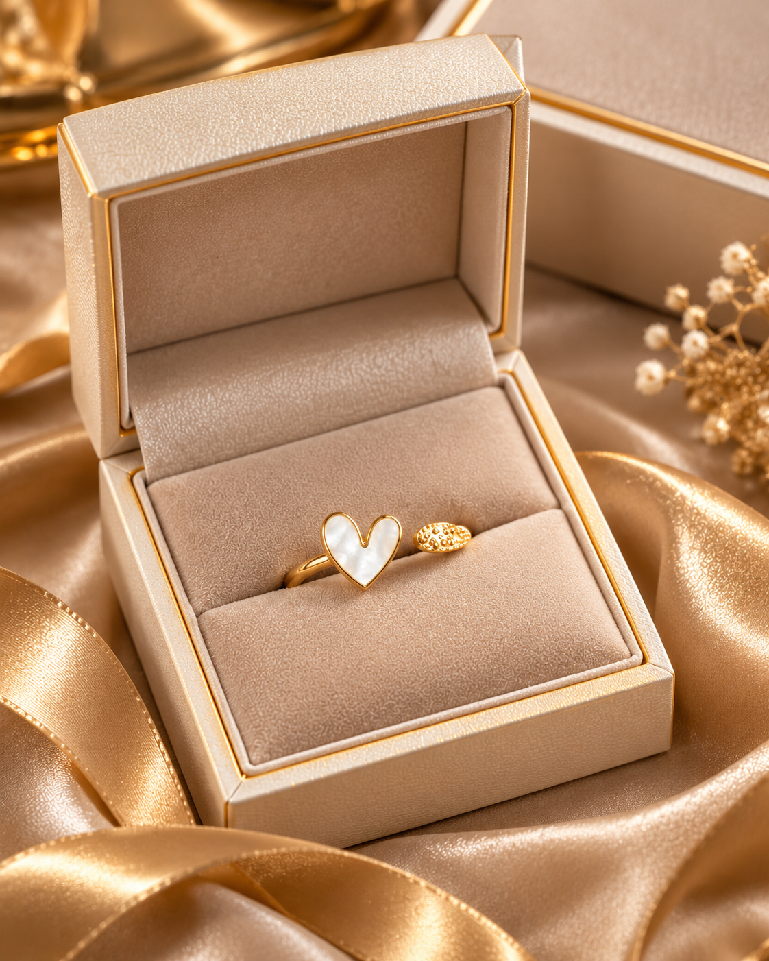Golden Pearl Heart Open Ring
