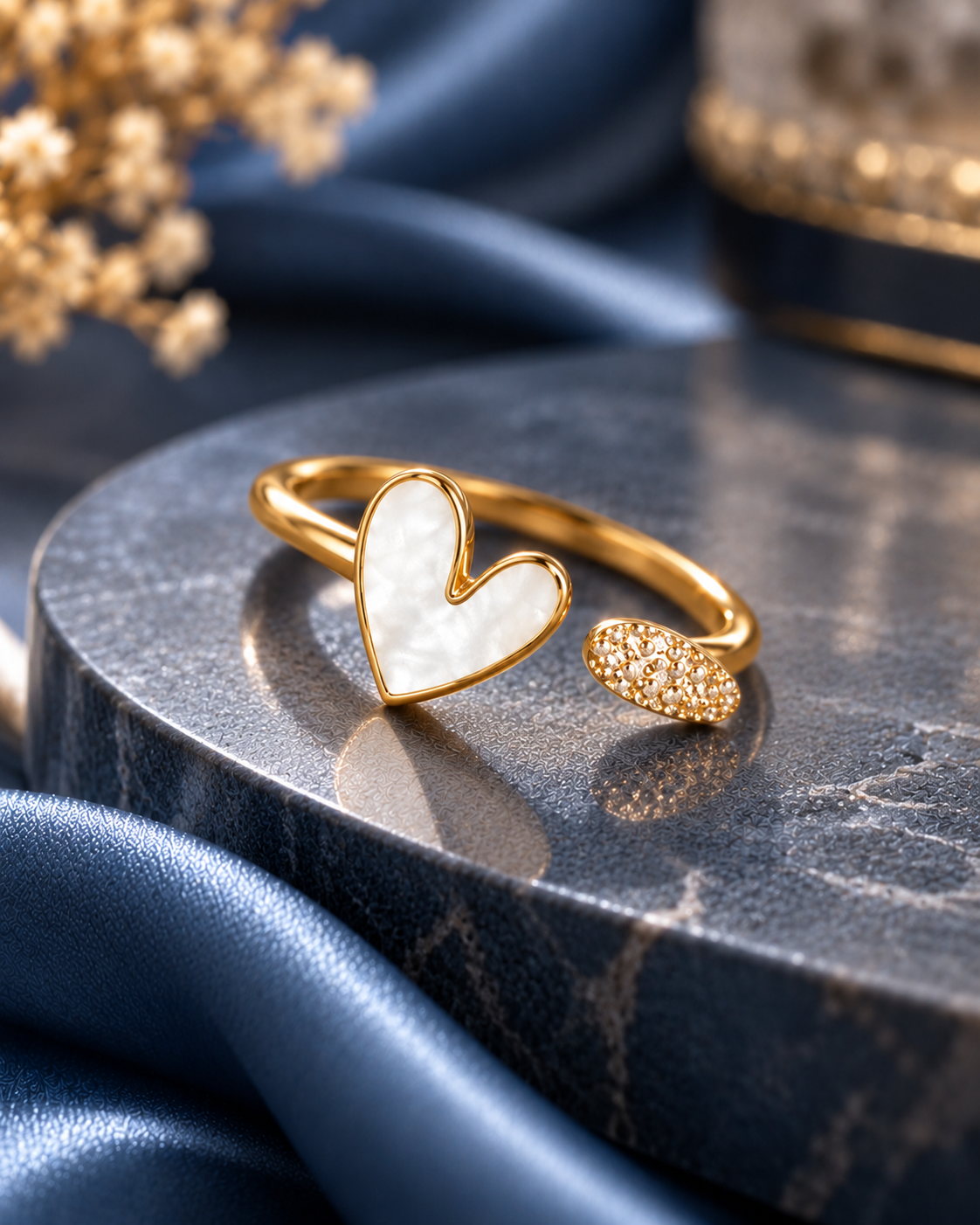 Golden Pearl Heart Open Ring