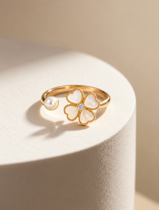 Golden Pearl & Clover Flower Ring