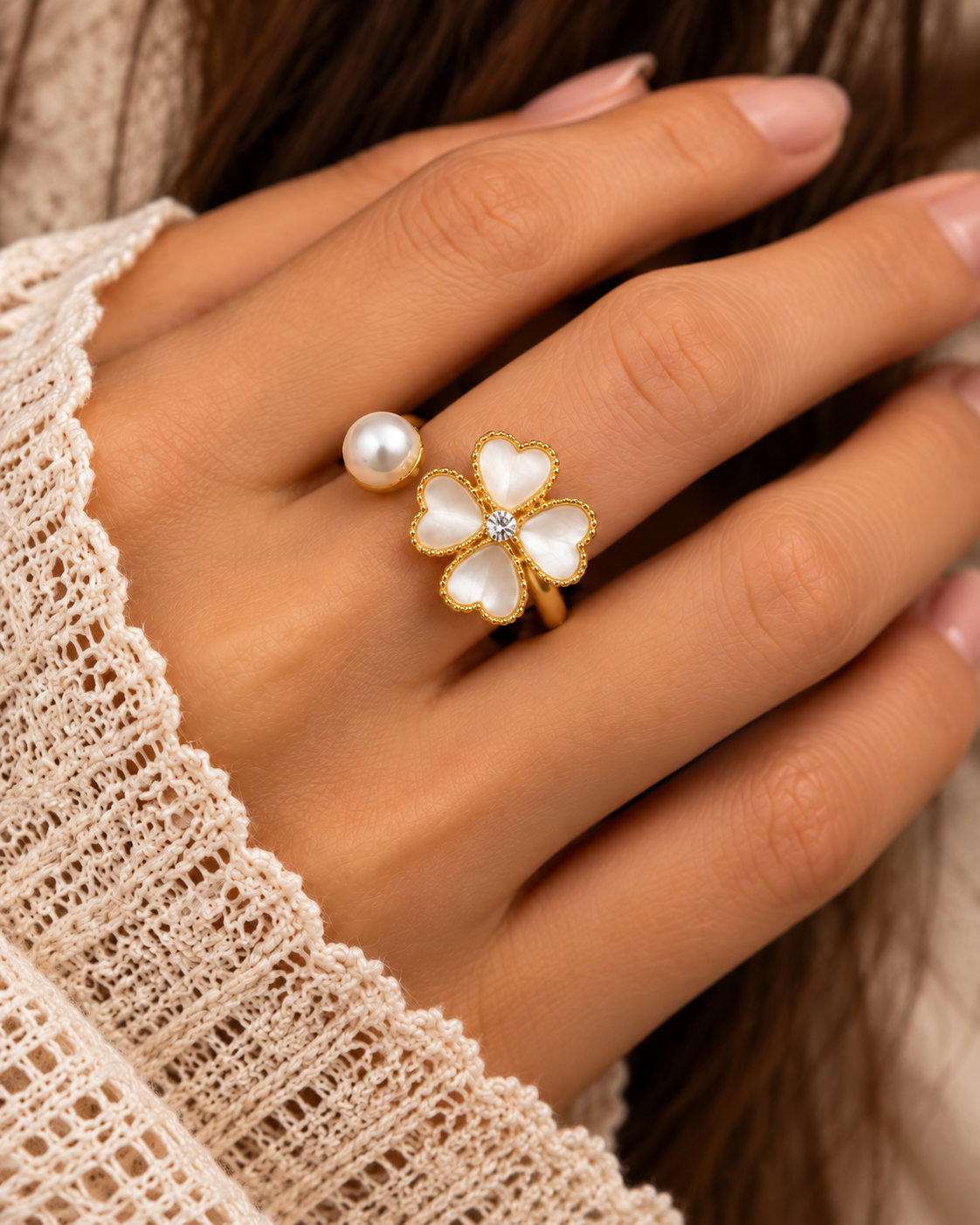 Golden Pearl & Clover Flower Ring