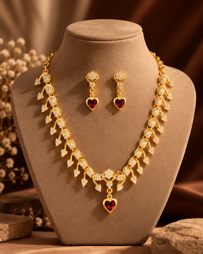 Golden Ruby Heart Charm Necklace Set