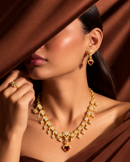 Golden Ruby Heart Charm Necklace Set