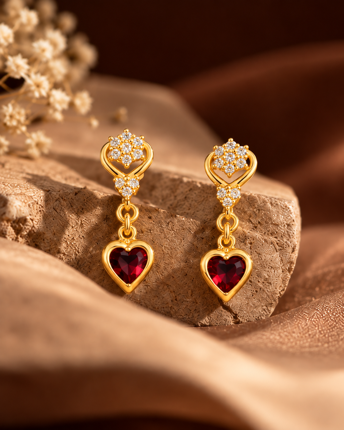 Golden Ruby Heart Charm Necklace Set