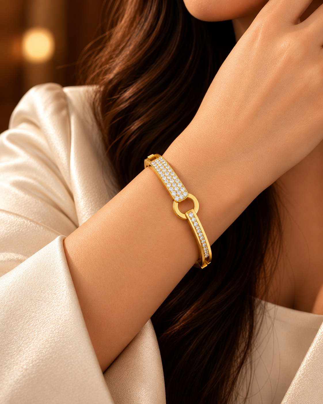 Golden Radiance Crystal-Studded Open-Center Bangle Bracelet