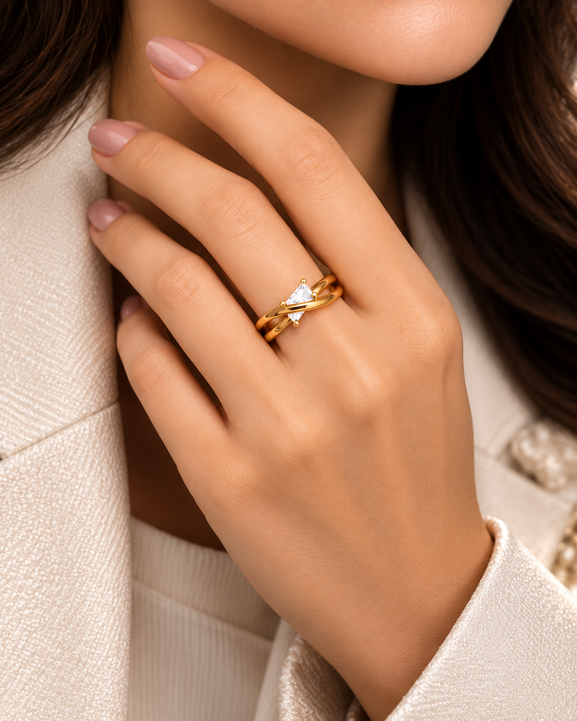 Golden Princess-Cut Solitaire Double Band Ring
