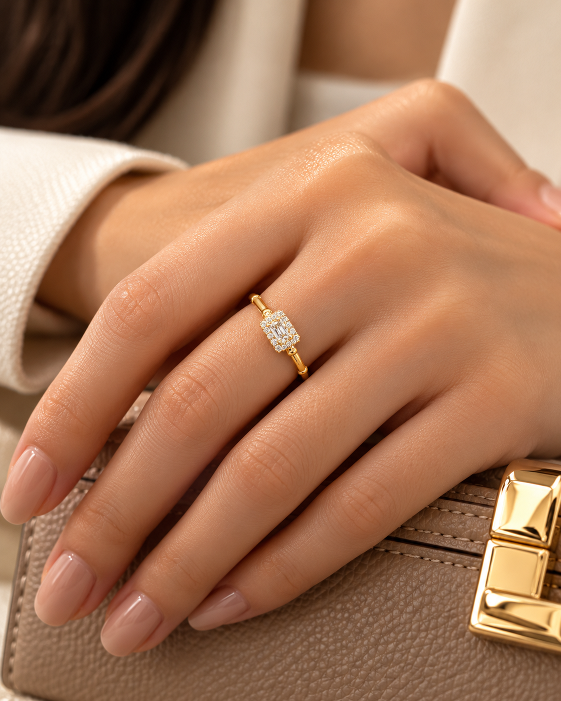 Golden Baguette Halo Solitaire Ring