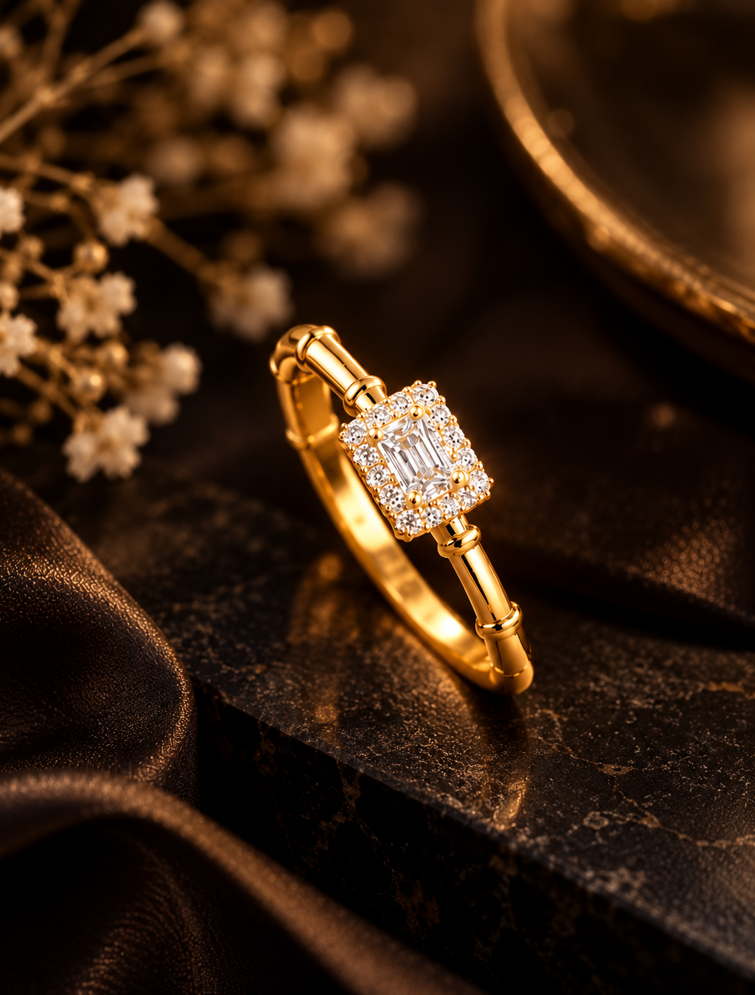 Golden Baguette Halo Solitaire Ring