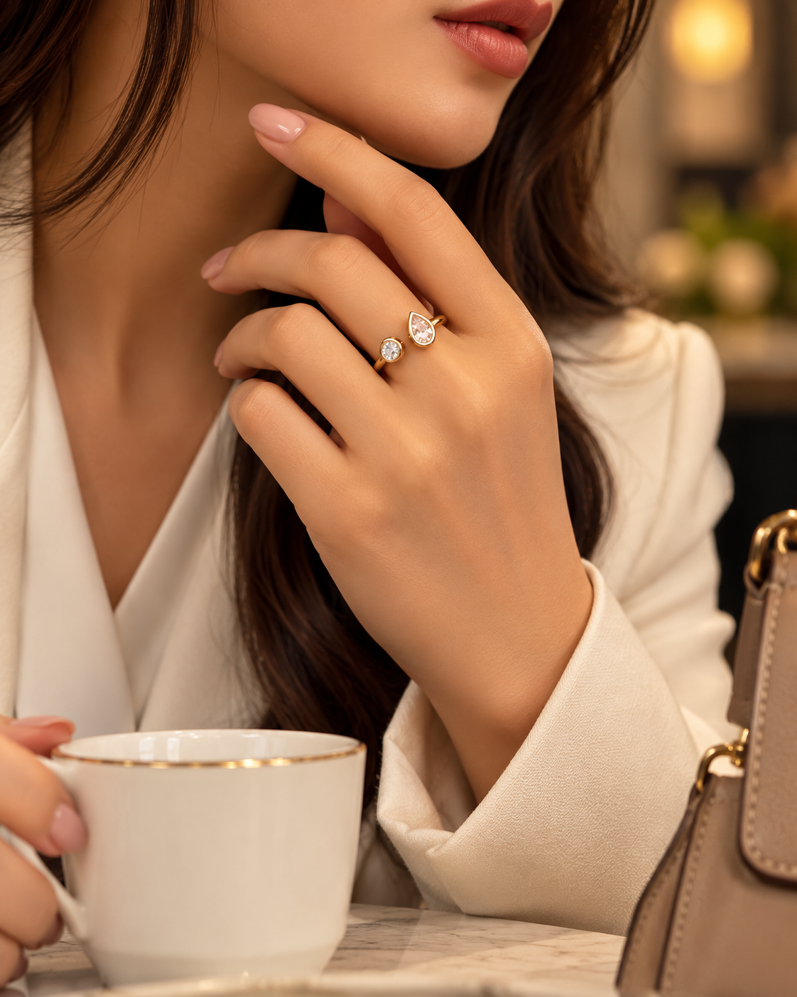 Golden Dual Gemstone Open Ring
